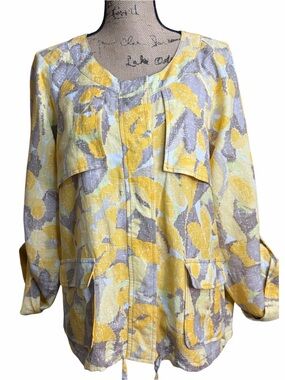 Lark Lane Women's Yellow & Gray Wayercolor Linen Blend Jacket. EC. Size 16